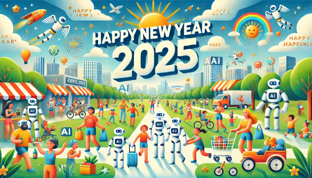 DALL·E 2024-12-31 22.22.01 - A cartoon-style image depicting the year 2025 as a year full of AI, health, and happiness, with the words 'Happy New Year 2025' prominently displayed