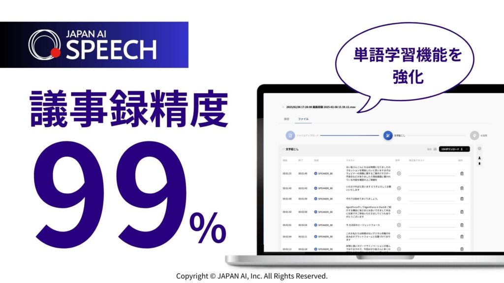 ジーニーのグループ会社 JAPAN AI株式会社が提供するAI議事録ツール「JAPAN AI SPEECH」が、文字起こし精度99%を実現