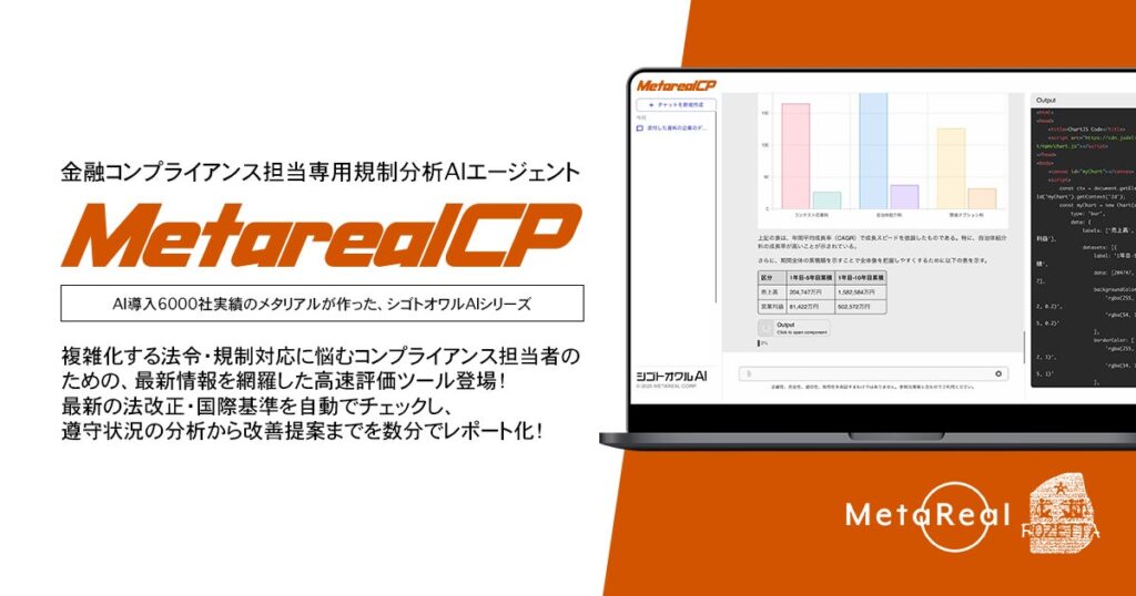 【メタリアル・グループ】規制遵守状況評価レポート作成AIエージェント「Metareal コンプライアンス(Metareal CP)」6/2提供開始