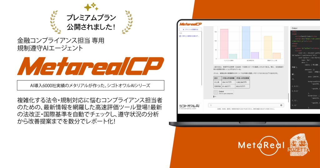 AI×コンプライアンス「Metareal コンプライアンス(Metareal CP)」プレミアムプラン7/22提供開始