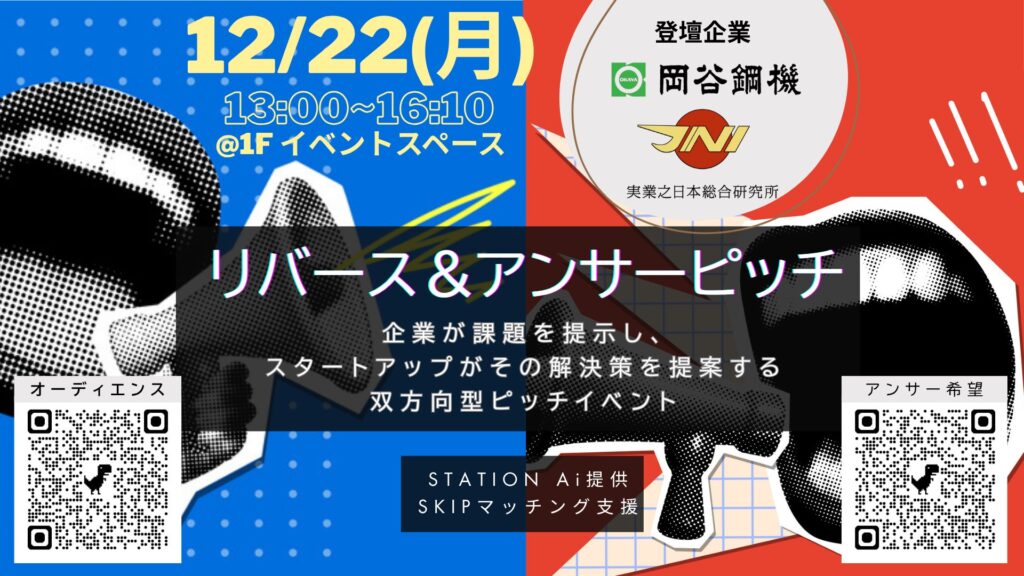 【スタートアップとオーディエンスを募集】STATION Ai入居企業による「合同リバース＆アンサーピッチイベント」を12月22日に開催