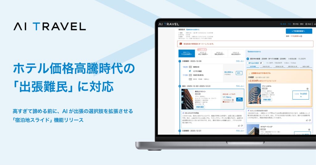 AI Travel、ホテル価格高騰時代の「出張難民」に対応