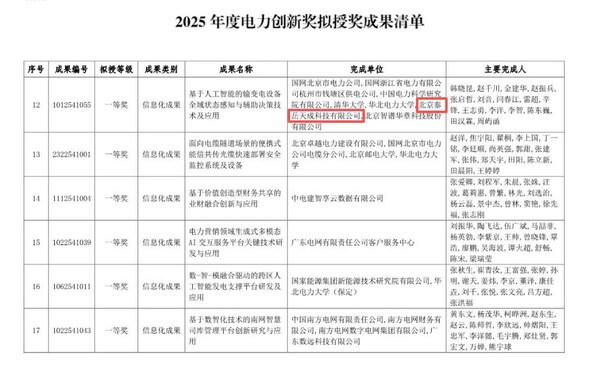 泰岳天成荣获2025年度电力创新奖一等奖