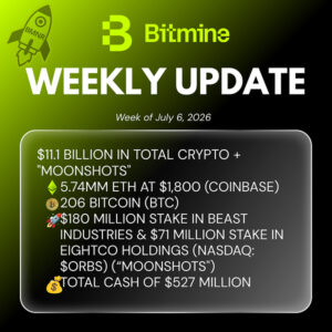 Bitmine Immersion Technologies (BMNR) 宣佈其以太幣 (ETH) 持有量達 574 萬枚，加密資產及現金總持有額達 111 億美元