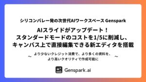 【シリコンバレー発の次世代AIワークスペースGenspark】AIスライドがアップデート！スタンダードモードのコストを1/5に削減し、キャンバス上で直接編集できる新エディタを搭載