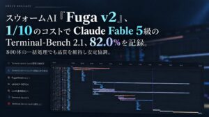 スウォームAI「Fuga v2」、1/10のコストでClaude Fable 5級のTerminal-Bench 2.1、82.0%を記録。800体の一括処理でも品質を維持し安定協調。