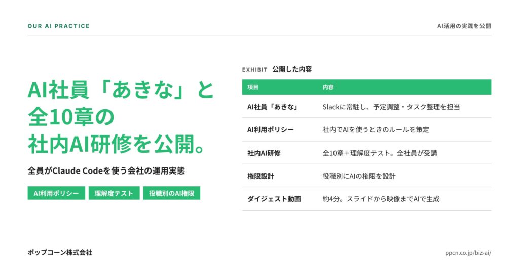 ポップコーン株式会社、Slackに常駐するAI社員「あきな」の運用実態と社内AI研修を公開　「全員がClaude Codeを使う会社」の仕組み
