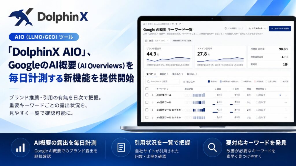 AIO（LLMO/GEO）ツール「DolphinX AIO」、GoogleのAI概要（AI Overviews）のブランド推薦・引用を毎日計測する新機能を提供開始